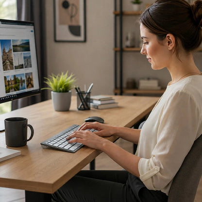 Clavier sans fil une femme au bureau entrain de boire du café 